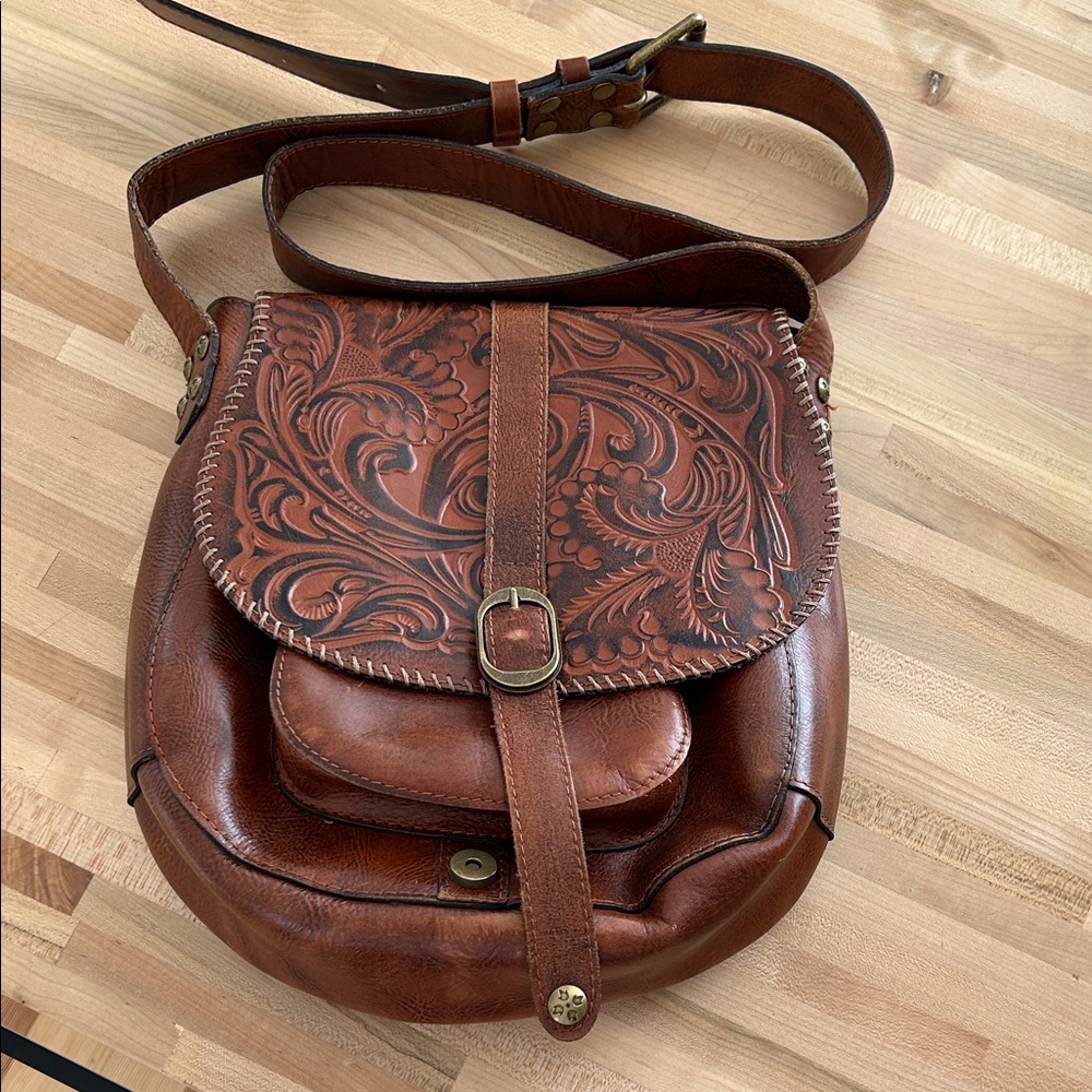 Patricia Nash Embossed Brown Leather Crossbody Bag